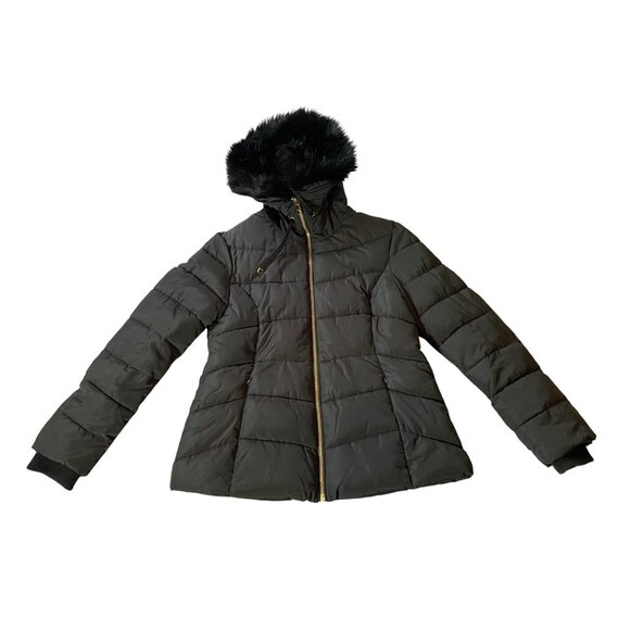 Guess Womens Black Puffer Jacket With Faux Fur Hood Large - Picture 1 of 15